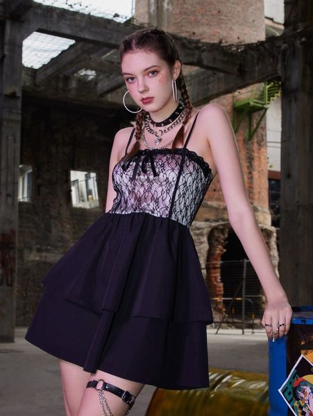 

romwe lace floral bow cami dress k4ma#, Black;gray