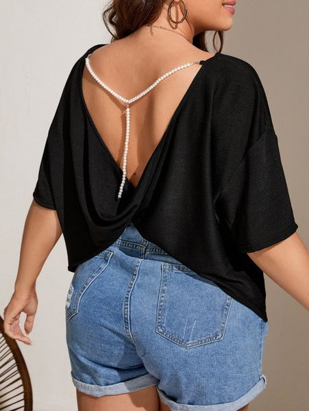 

plus pearls beaded twist back drop shoulder tee 12xj#, Black