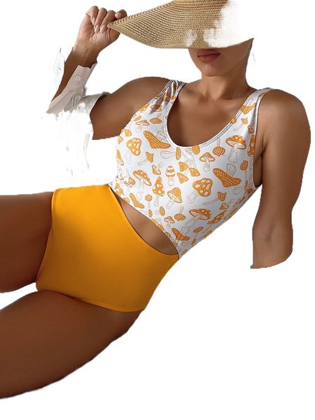 

mushroom print cut-out one piece swimsuit 97bc#, White;black