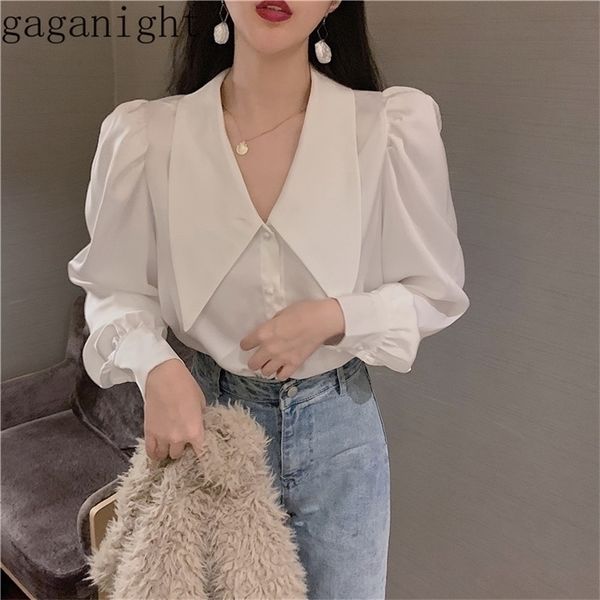Estilo de trabalho coreano Gaganight Office Lady Blouse White Dollar Collar Puff de manga longa BLUSAS BLUSAS Spring Shirt X3025 210326