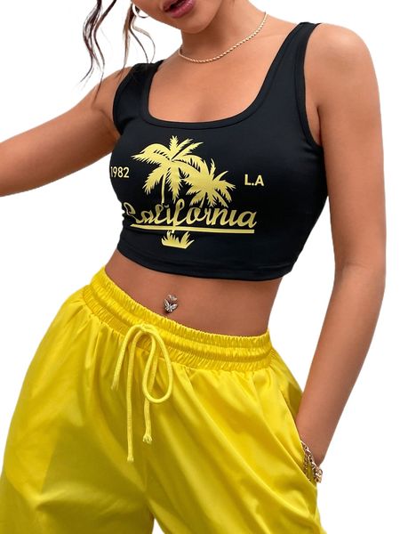 

letter & coconut tree print crop tank v5q6#, White