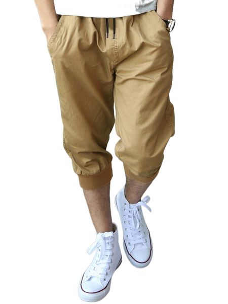 

men slant pocket drawstring capris pants e4te#, Black
