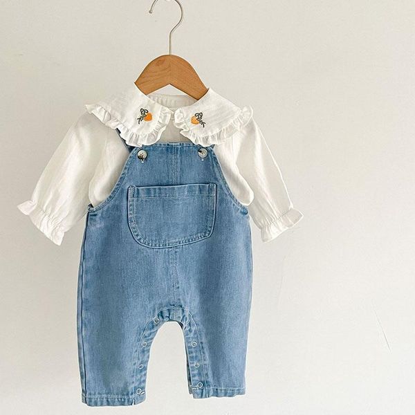 Completi di abbigliamento Completi per bambini Completi per neonati Set per neonate Camicia ricamata a maniche lunghe Tuta di jeans Tuta primaverile autunnaleAbbigliamento