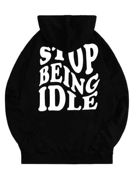 

men reflective slogan graphic drawstring hoodie x7a3#, Black