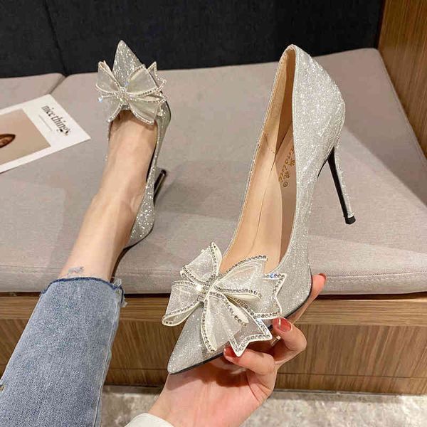 

small thin heel pointed shallow mouth high heels 2022 new large size 41-43 rhinestone bow single shoes, Black