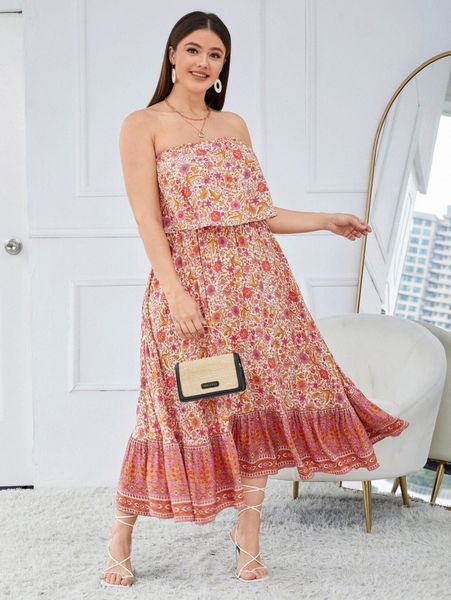 

plus floral print ruffle hem tube dress a0i4#, Black