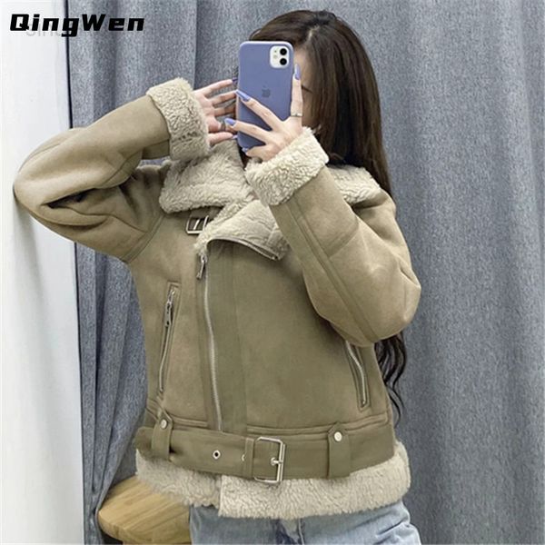 

qingwen women autumn winter models leather jacket velvet padded lapels suede plus fur zipper motorcycle cotton jacket 2022 l220725, Black