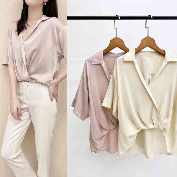 

women's polos p285365 th silk oblique folding placket two-color shirt women's summer, White