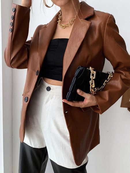 

solid pu leather button through blazer z7cq#, White