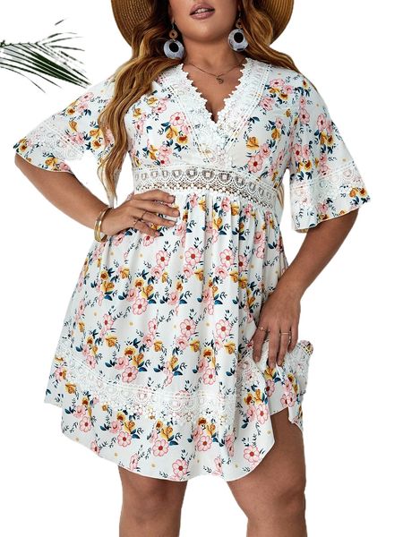 

plus guipure lace insert floral print dress 68xf#, Black