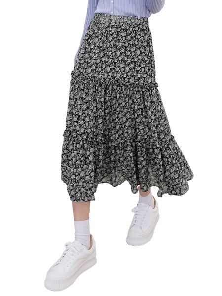 

dazy allover floral print frilled trim skirt s4g4#, Black