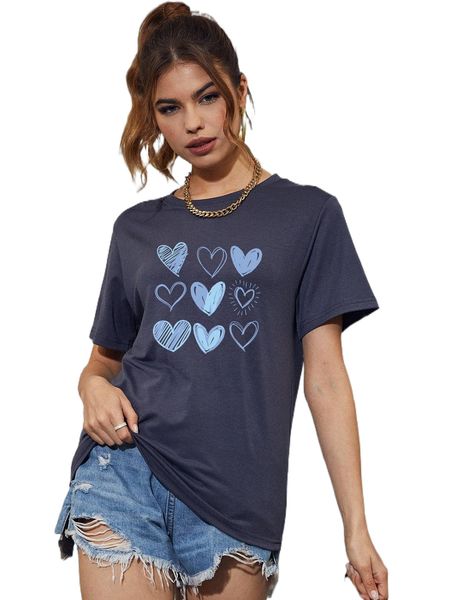 

heart print round neck tee t03r#, White
