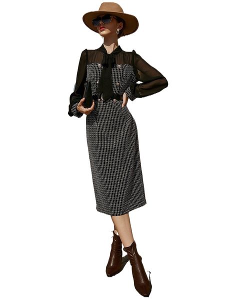 

tie neck mesh panel split back plaid tweed dress without belt b62m#, Black;gray