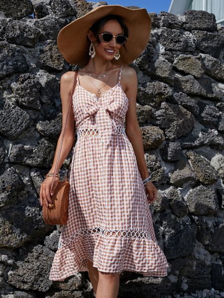 

sweetheart gingham print knot detail ruffle hem cut out cami dress f27j#, Black;gray