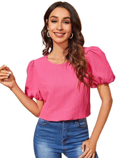 

puff sleeve solid blouse 15a4#, White