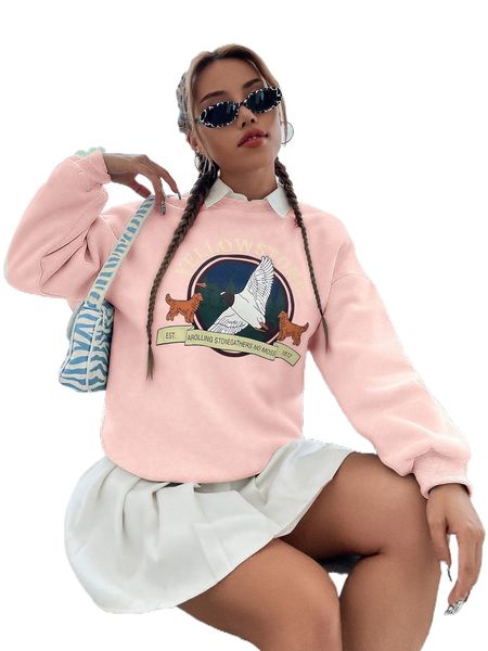 

drop shoulder slogan & cartoon graphic print pullover r5uc#, Black