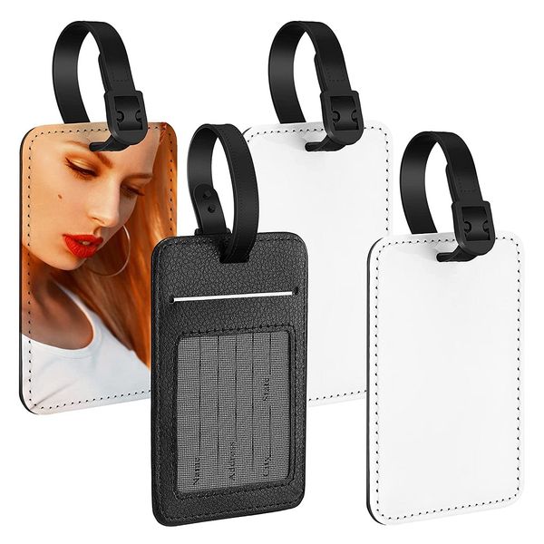 

sublimation blank luggage tags pu leather name tag blanks with transparent window suitcase heat transfer business id card holder for diy rec