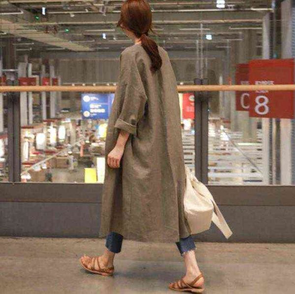 

women's trench coats s-2 xl spring autumn women jacket fashion long oversize cotton linen outwear dresses loose coat female windbreaker, Tan;black