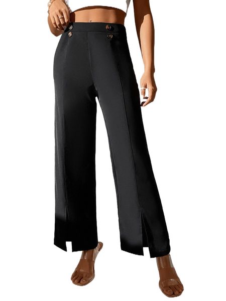 

petite fake buttons split hem pants t6qq#, Black;white