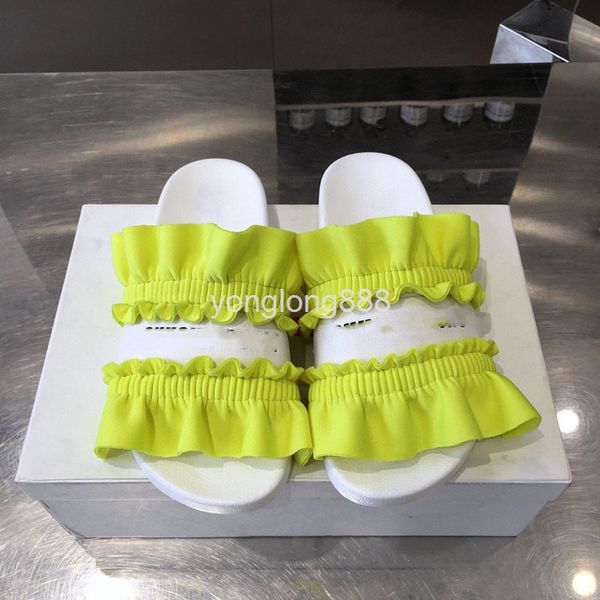 

slippers high end quality niche design feeling pleated ruffle lace wave slippers for casual sandals, Black