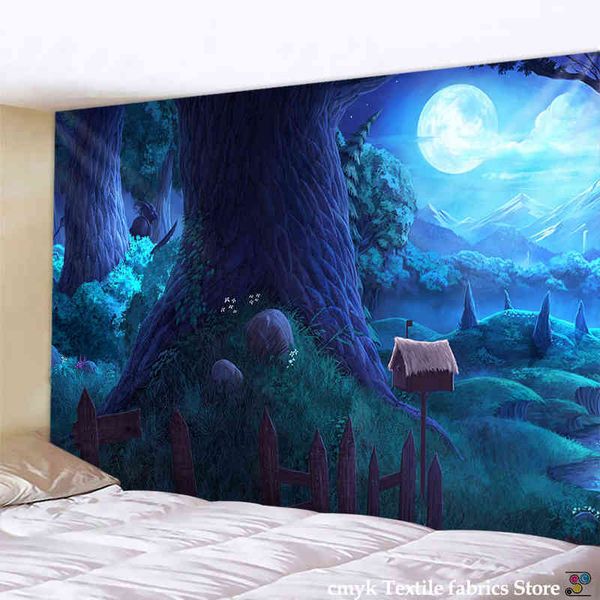 Cabine na parede da floresta pendurada no quarto tapeçaria tapete de tapete de fundo de halloween decoração de sofá -toalha de praia j220804