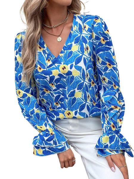 

floral print flounce sleeve blouse n9if#, White