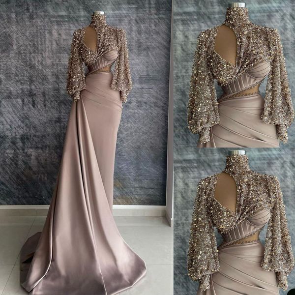 Sexy Saudi-Arabien Ballkleider 2022 Formales High Neck Satin Abendkleid Meerjungfrau Langarm Pailletten Cocktailpartykleider