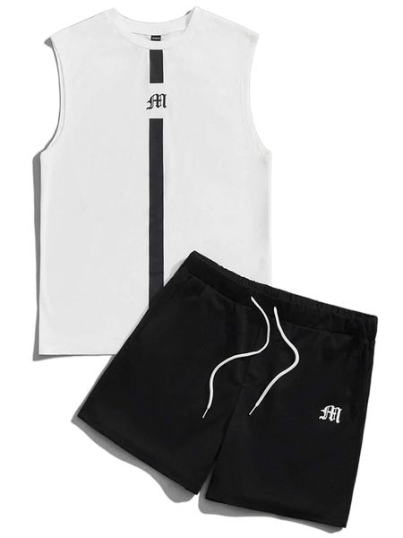 

men letter graphic tank & drawstring waist shorts y0ce#, Gray