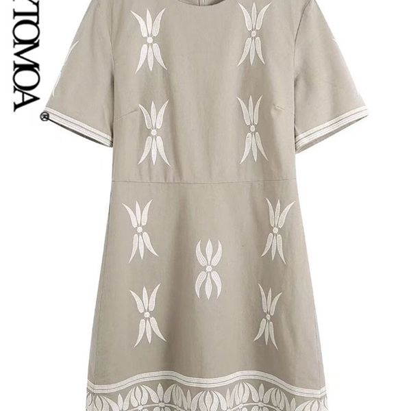 

women fashion contrast embroidery mini dress vintage short sleeve back zipper female dresses vestidos mujer 220526, Black;gray