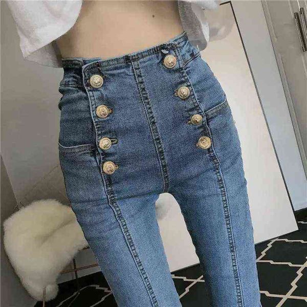 2022 New Spring Autumn Mulheres elásticas de cintura alta jeans skinny chique jeans skinny de peito duplo para mulheres L220726