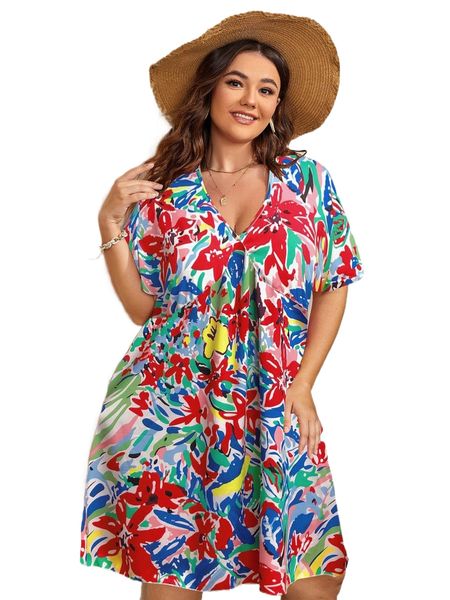 

plus floral print flutter sleeve smock dress g5yt#, Black
