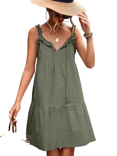 

frill trim tie front ruffle hem cami dress x37n#, Black;gray