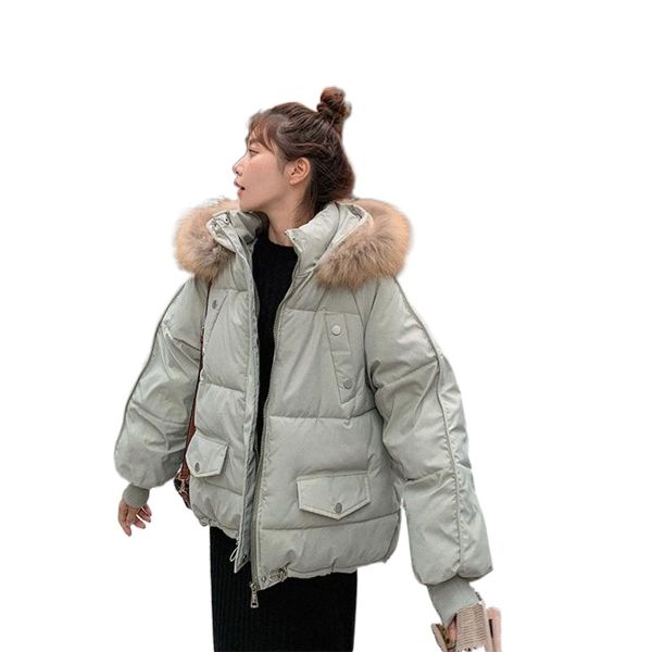 

women's down & parkas 2021 winter short thick zipper large fur collar hooded bread coat cotton padded jacket with thickened jackets b4n, Black