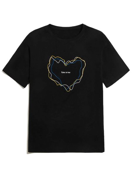 

romwe guys slogan heart graphic oversized tee q6me#, White;black