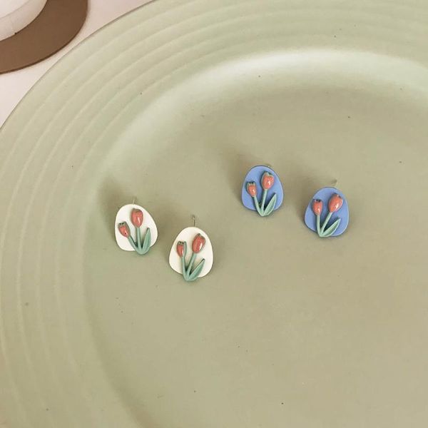 

stud tulip three-dimensional painting earrings blue white pink green exquisite and fresh forest series gift for friends, Golden;silver