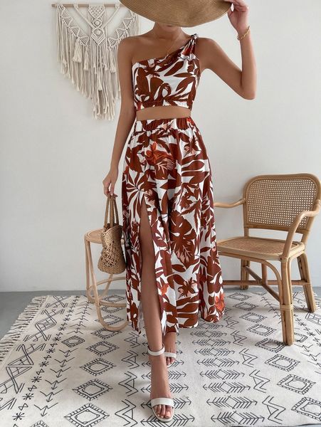 

tropical print one shoulder & split thigh elastic waist skirt i1uv#, White
