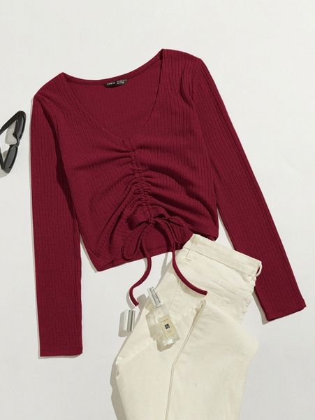 

drawstring front rib-knit tee u0ov#, White