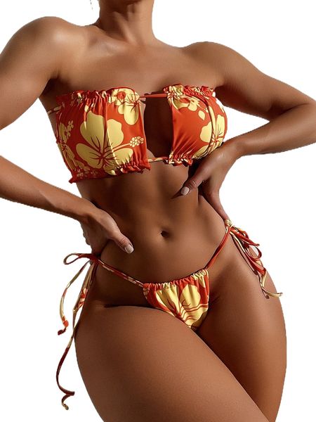 

floral print lettuce trim bandeau bikini swimsuit v0hd#, White;black