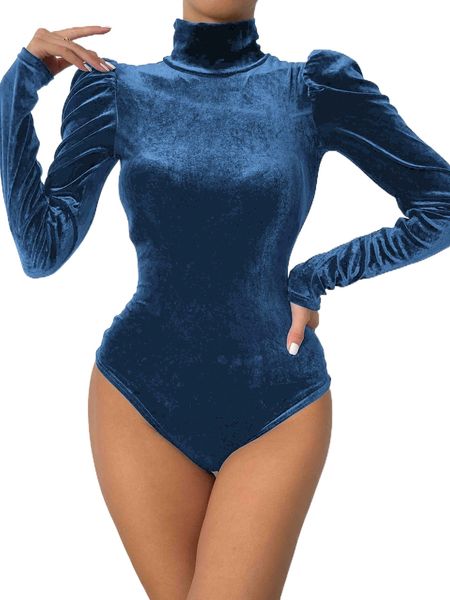 

high neck gigot sleeve velvet bodysuit v6ii#, White