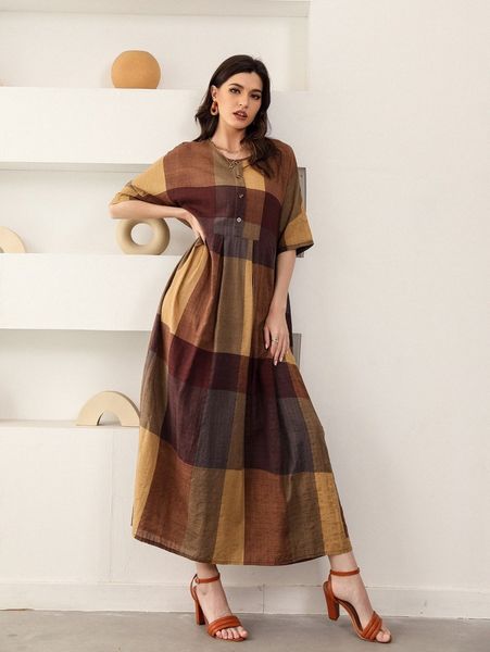 

plaid print button half dress a5yl#, Black;gray