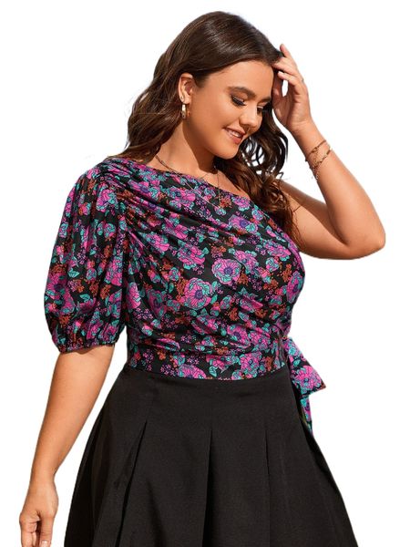 

plus allover floral print one shoulder y96m#, Black