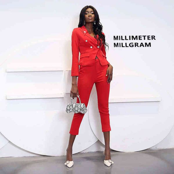 

women's suits red 2 pieces sets female sets double breasted blazer fashion spring ol clothing business girl trouser tracksuits t220729, Gray