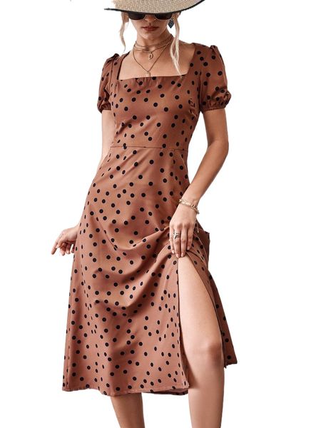 

polka dot puff sleeve square neck split thigh dress o86y#, Black;gray
