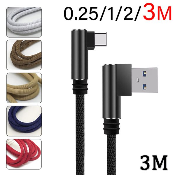 3M/10FT 2A Schnellladekabel Typ C Handy-Datenkabel USB Micro Dual Bend 90 Grad Winkelstück