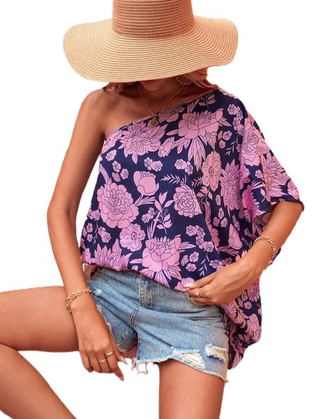 

floral one shoulder batwing sleeve blouse 60a2#, White