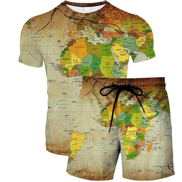 Men's Tracksuits Men's Ploth 2 Peças Conjunto de verão Mapa Country Pattern Men Casual Define roupas curtas de camisa shorts shorts de rua