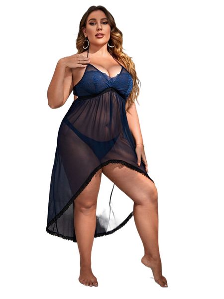 

plus contrast lace cut-out mesh babydoll with thong 82ra#, Black;white