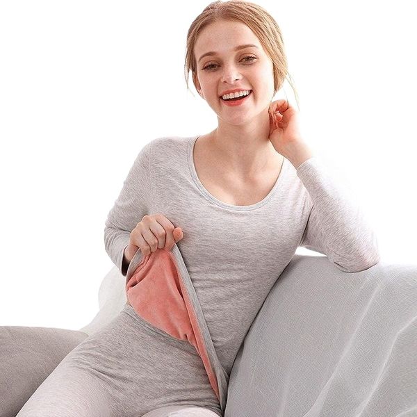 

men's thermal underwear autumn and winter women's double-layer plush thickened round neck slim simple solid color soft base o4hg#, Black;white