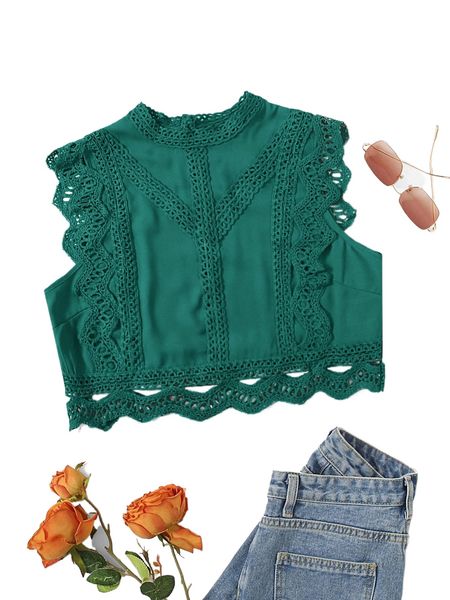 

contrast lace mock neck crop g7xl#, White