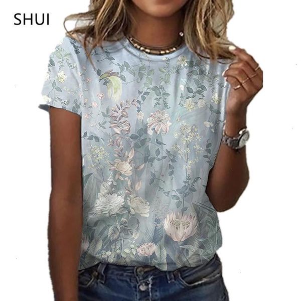 

womens summer loose floral tee 3d printing t-shirt round neck casual shirt versatile short sleeve, White